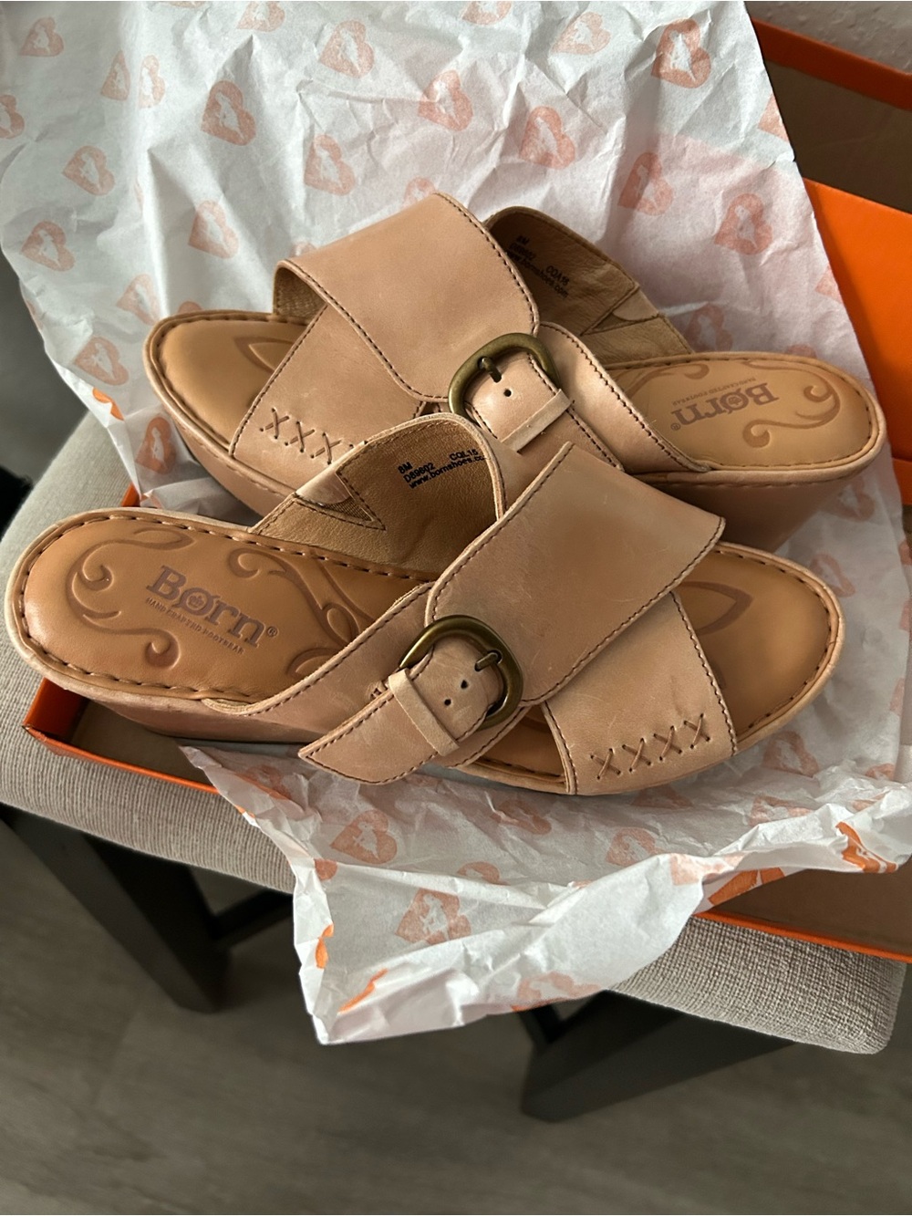 Born Women's Tan Leather Buckle Slide Platforms
